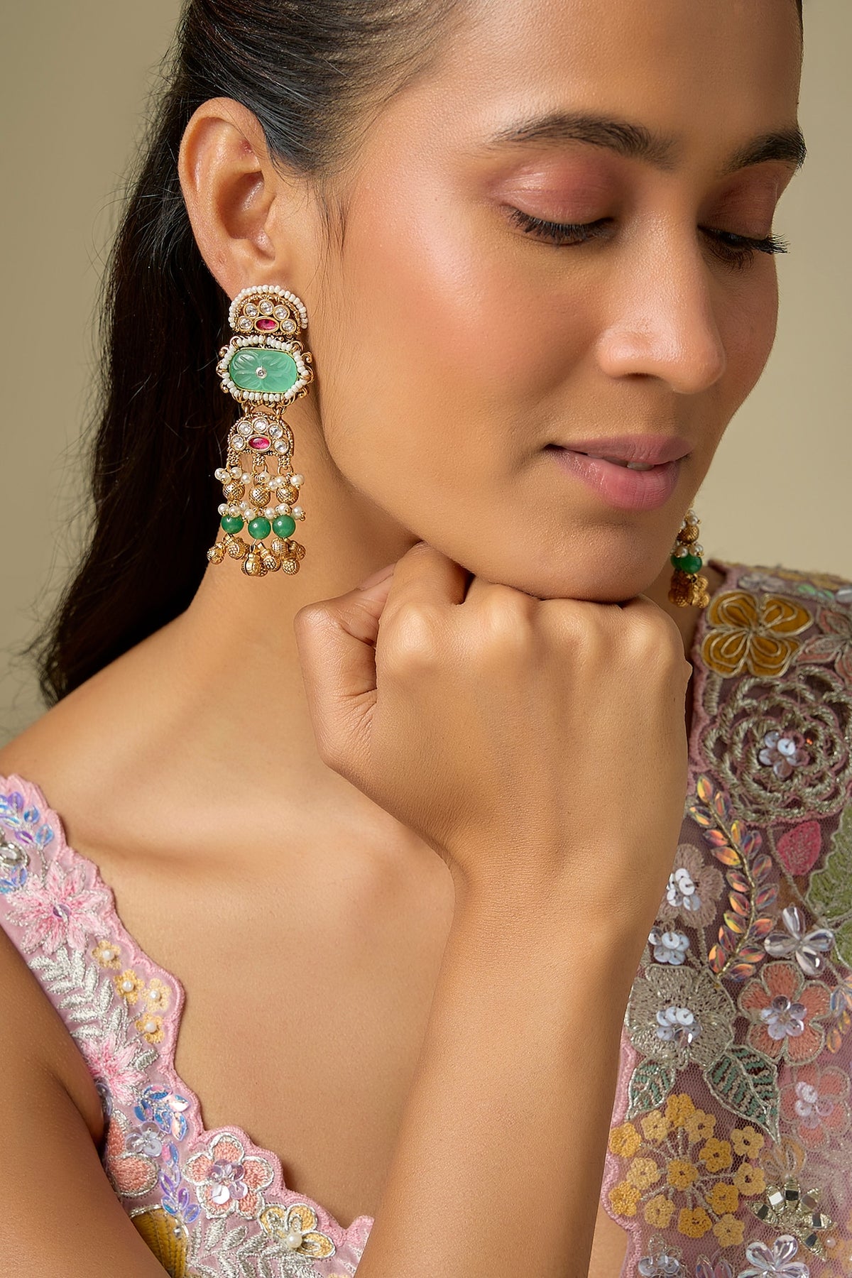 Gold Finish Kundan Polki & Emerald Stone Dangler Earrings