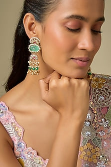 Gold Finish Kundan Polki & Emerald Stone Dangler Earrings