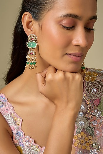 Gold Finish Kundan Polki & Emerald Stone Dangler Earrings