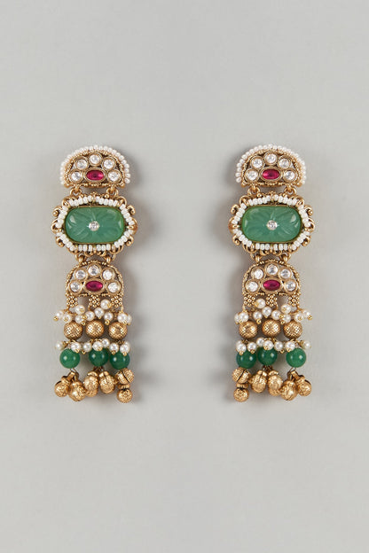 Gold Finish Kundan Polki & Emerald Stone Dangler Earrings