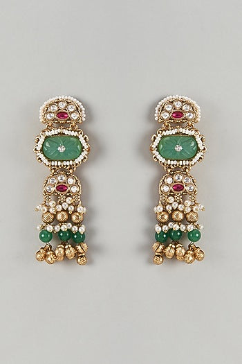 Gold Finish Kundan Polki & Emerald Stone Dangler Earrings