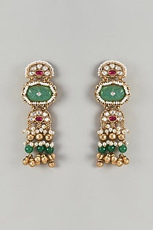 Gold Finish Kundan Polki & Emerald Stone Dangler Earrings