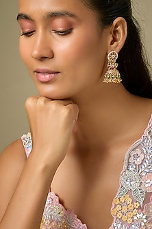 Gold Finish Kundan Polki & Ruby Stone Jhumka Earrings