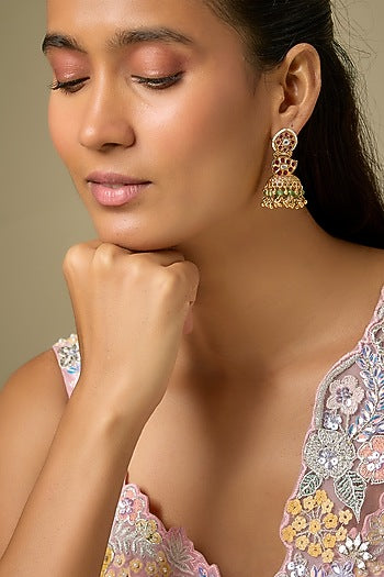 Gold Finish Kundan Polki & Ruby Stone Jhumka Earrings