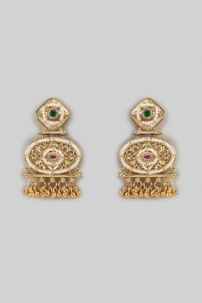 Gold Finish Kundan Polki & Emerald Stone Dangler Earrings