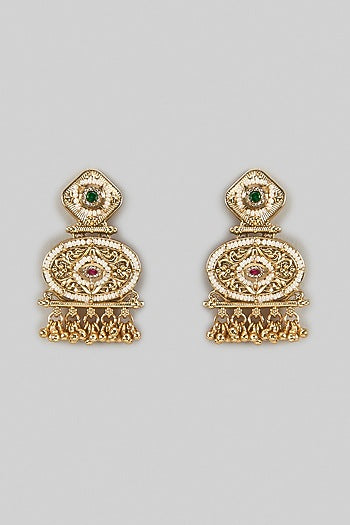 Gold Finish Kundan Polki & Emerald Stone Dangler Earrings