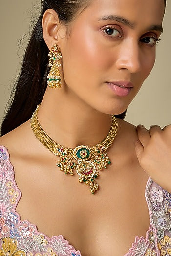 Gold Finish Emerald Beaded & Zircon Temple Choker Necklace Set