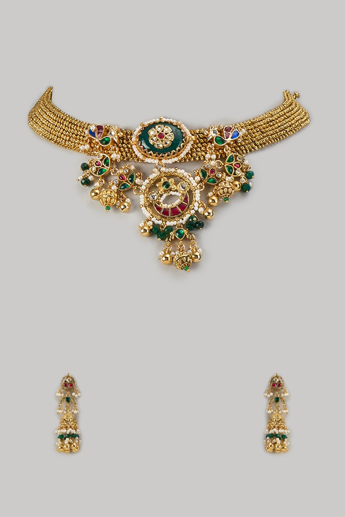 Gold Finish Emerald Beaded & Zircon Temple Choker Necklace Set