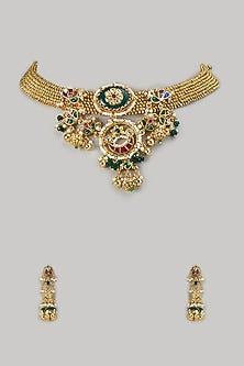 Gold Finish Emerald Beaded & Zircon Temple Choker Necklace Set