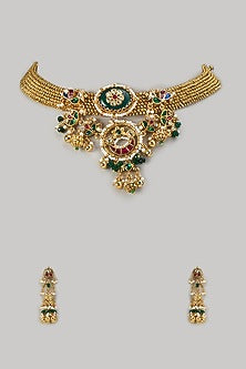 Gold Finish Emerald Beaded & Zircon Temple Choker Necklace Set