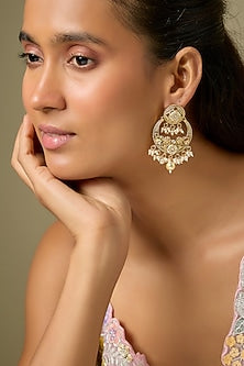 Gold Finish Kundan Polki & Pearl Handcrafted Chandbali Earrings