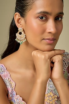Gold Finish Pink & Green Stone Enameled Chandbali Earrings