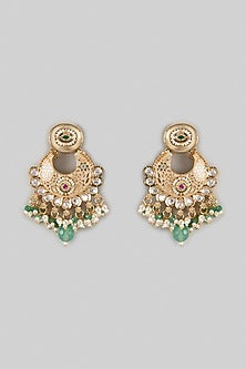 Gold Finish Pink & Green Stone Enameled Chandbali Earrings