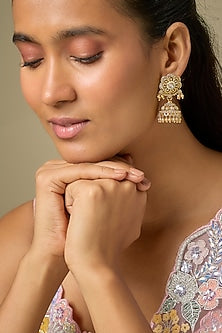 Gold Finish Uncut Zircon & Pearl Jhumka Earrings