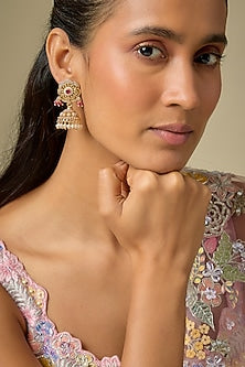Gold Finish Uncut Zircon & Pearl Jhumka Earrings