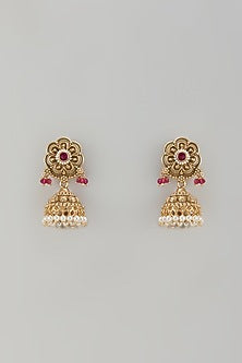 Gold Finish Uncut Zircon & Pearl Jhumka Earrings