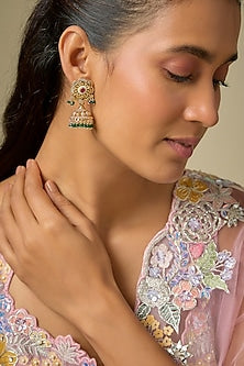 Gold Finish Beaded & Pearl Jhumka Earrings