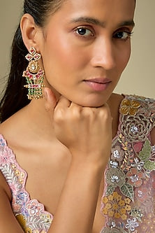 Gold Finish Multi-Colored Stone & Pearl Dangler Earrings