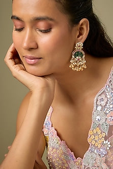 Gold Finish Emerald Stone & Kundan Polki Dangler Earrings