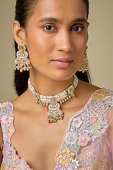 Gold Finish Green Stone & Kundan Polki Choker Necklace Set
