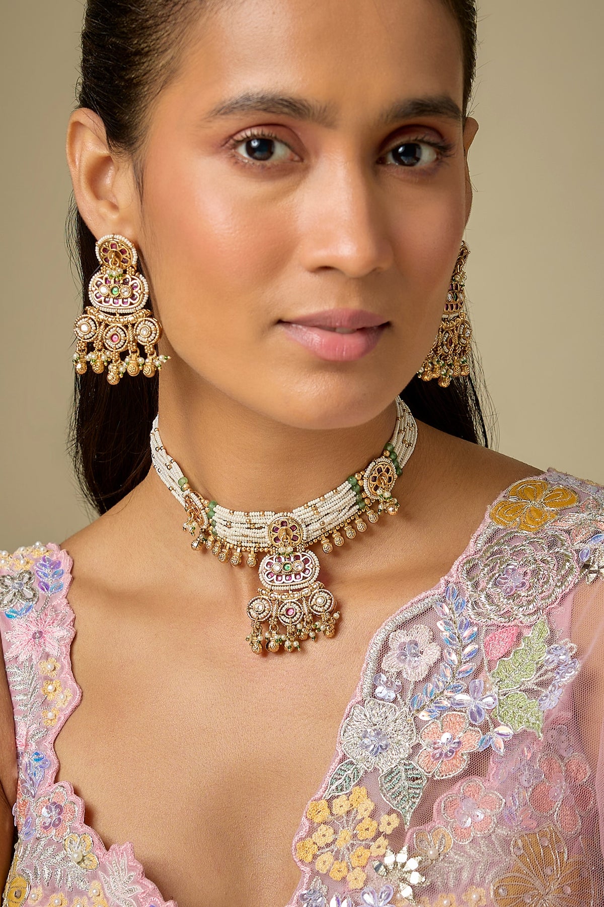 Gold Finish Green Stone & Kundan Polki Choker Necklace Set