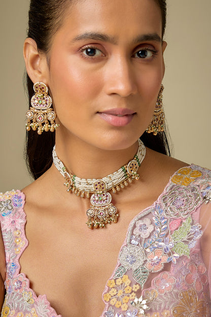 Gold Finish Green Stone & Kundan Polki Choker Necklace Set
