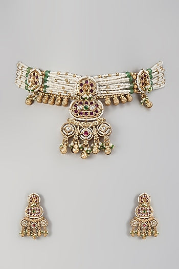 Gold Finish Green Stone & Kundan Polki Choker Necklace Set