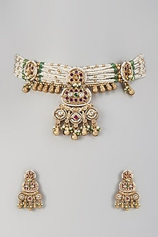Gold Finish Green Stone & Kundan Polki Choker Necklace Set