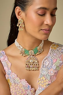 Gold Finish Green Beaded & Motif Pendant Necklace Set