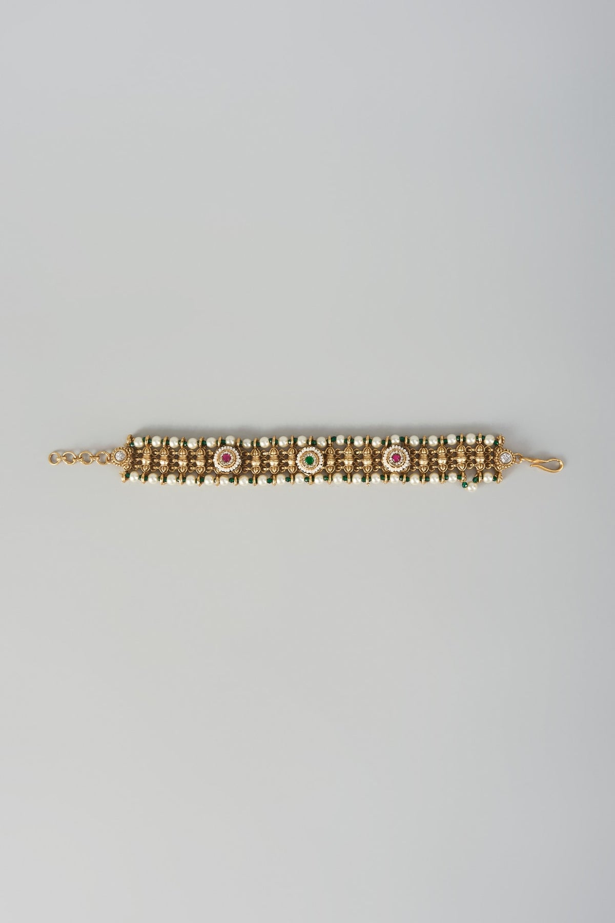 Gold Finish Green & Pink Stone Adjustable Bracelet
