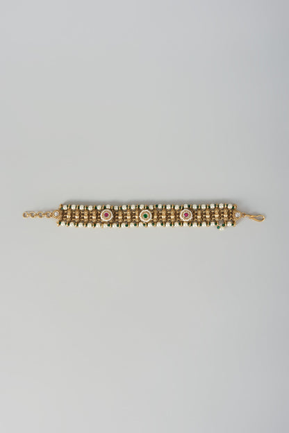Gold Finish Green & Pink Stone Adjustable Bracelet