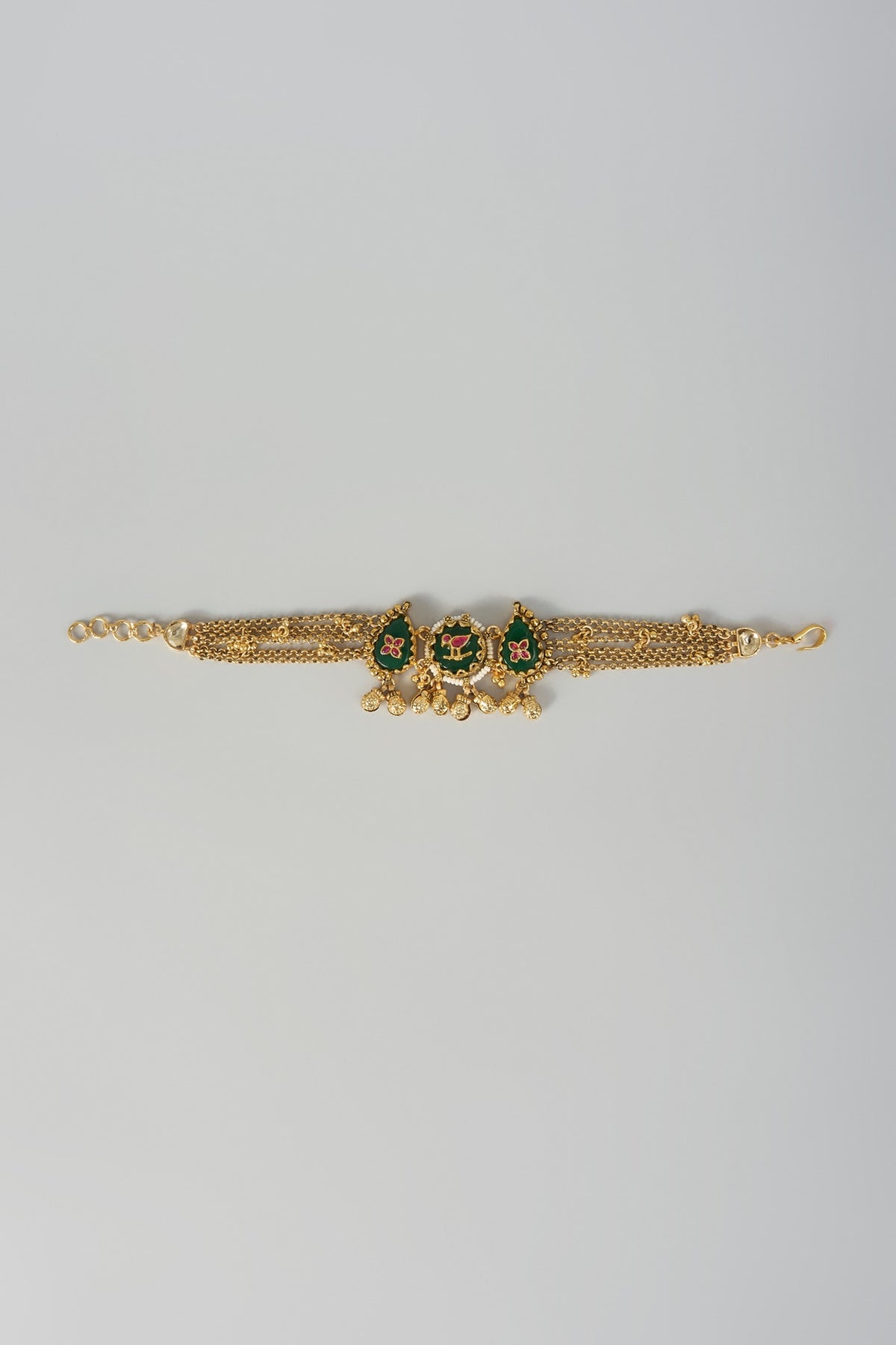 Gold Finish White Pearl & Green Stone Adjustable Bracelet
