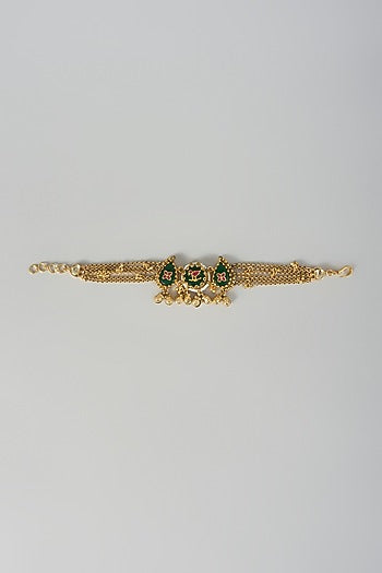 Gold Finish White Pearl & Green Stone Adjustable Bracelet