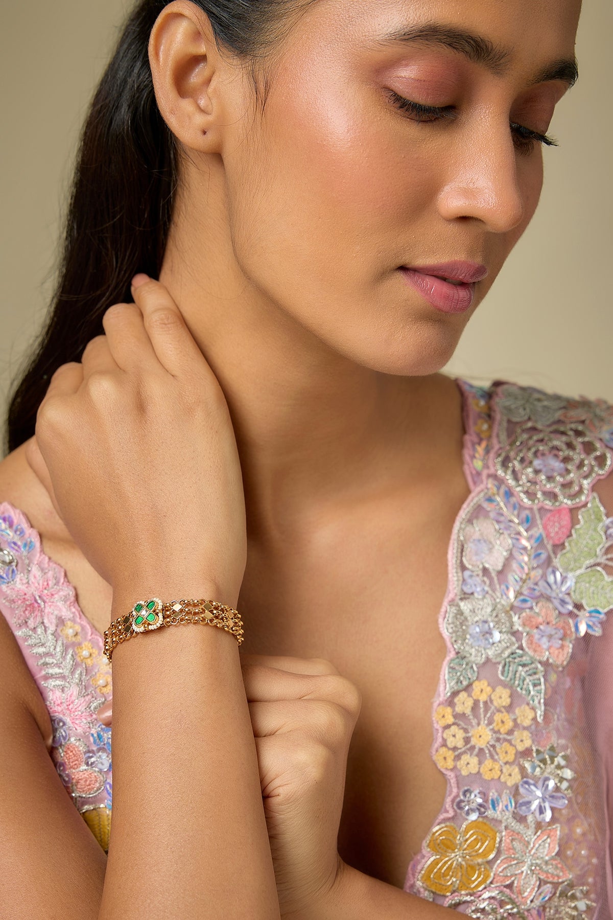 Gold Finish White Pearl & Green Stone Adjustable Bracelet