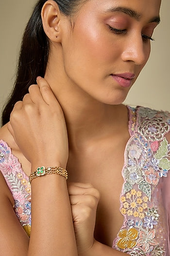 Gold Finish White Pearl & Green Stone Adjustable Bracelet
