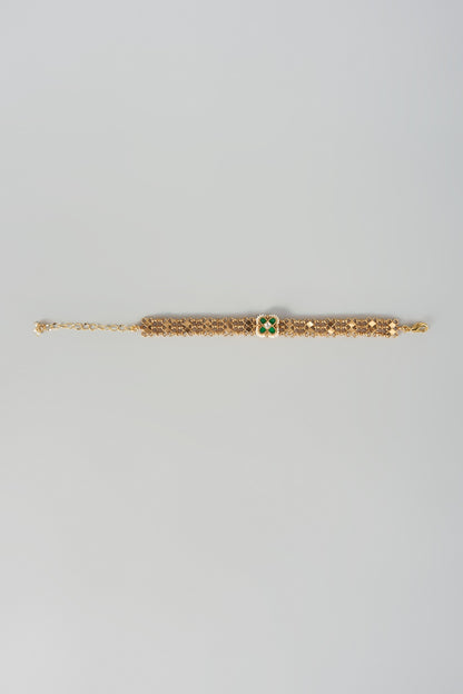 Gold Finish White Pearl & Green Stone Adjustable Bracelet