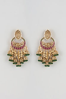 Antique Gold Finish Pearl & Ruby Stone Temple Dangler Earrings