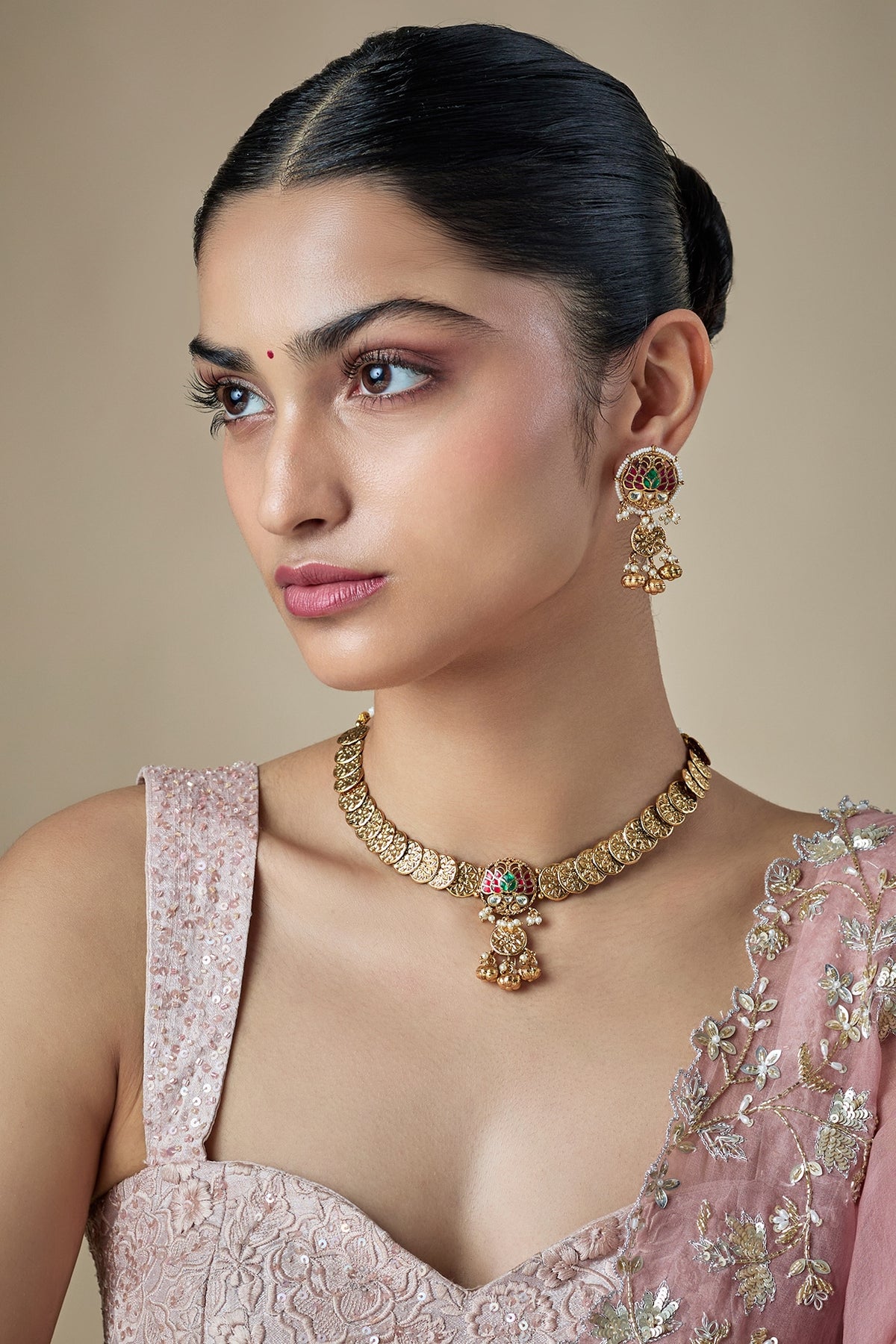 Antique Gold Finish Kundan Polki & Ruby Stone Temple Choker Necklace Set
