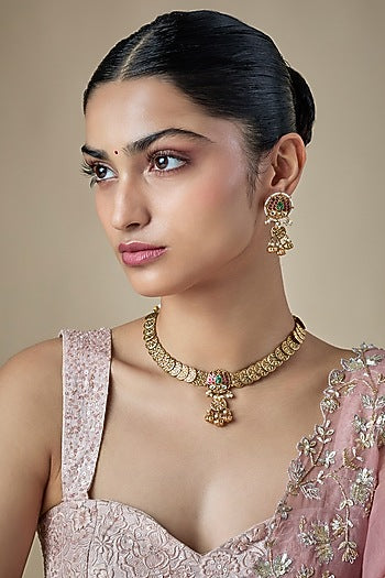 Antique Gold Finish Kundan Polki & Ruby Stone Temple Choker Necklace Set