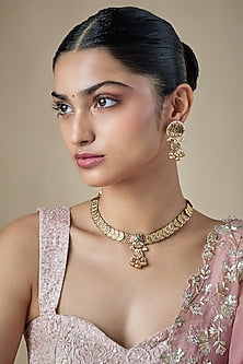 Antique Gold Finish Kundan Polki & Ruby Stone Temple Choker Necklace Set