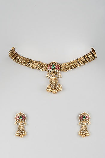 Antique Gold Finish Kundan Polki & Ruby Stone Temple Choker Necklace Set