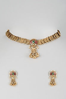 Antique Gold Finish Kundan Polki & Ruby Stone Temple Choker Necklace Set