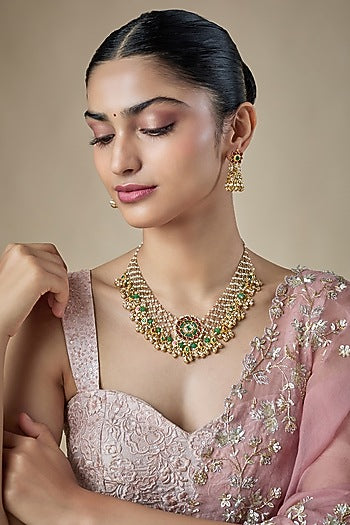 Gold Finish Kundan Polki & Ruby Stone Layered Necklace Set