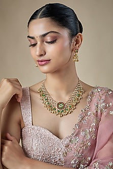 Gold Finish Kundan Polki & Ruby Stone Layered Necklace Set
