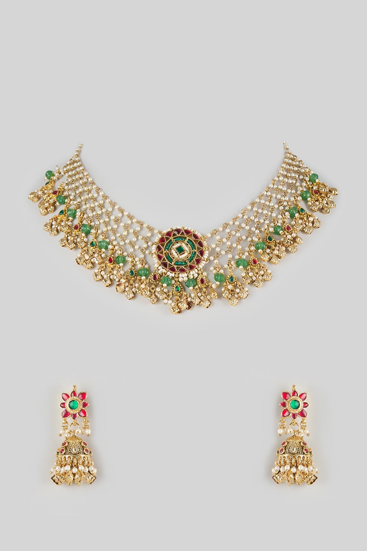 Gold Finish Kundan Polki & Ruby Stone Layered Necklace Set