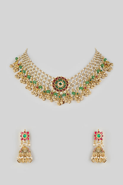 Gold Finish Kundan Polki & Ruby Stone Layered Necklace Set