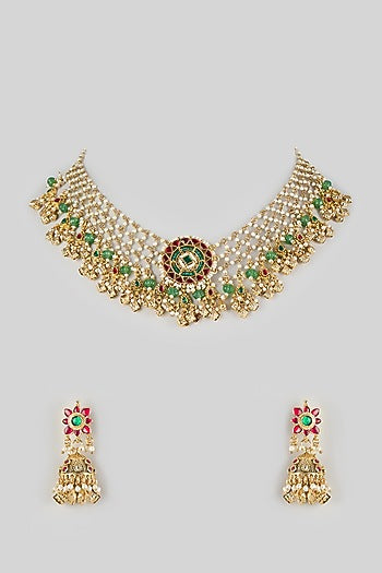 Gold Finish Kundan Polki & Ruby Stone Layered Necklace Set