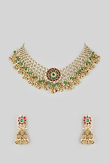 Gold Finish Kundan Polki & Ruby Stone Layered Necklace Set