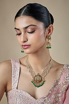 Gold Finish Kundan Polki & Ruby Stone Handcrafted Layered Necklace Set