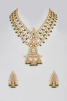 Micro Gold Finish Kundan Polki & Emerald Long Necklace Set
